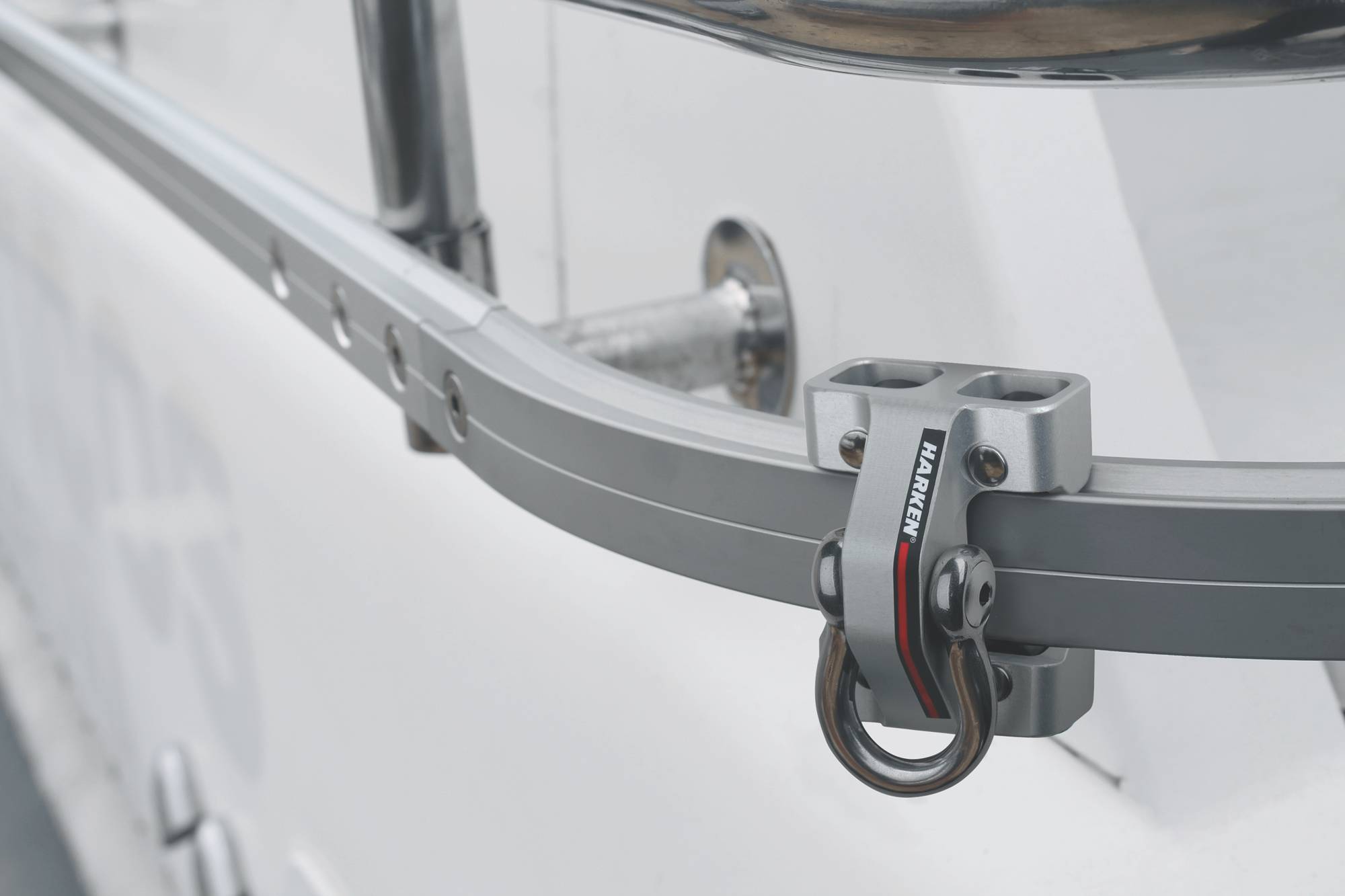 Close-up of a Harken rail and trolley fitted to a yacht